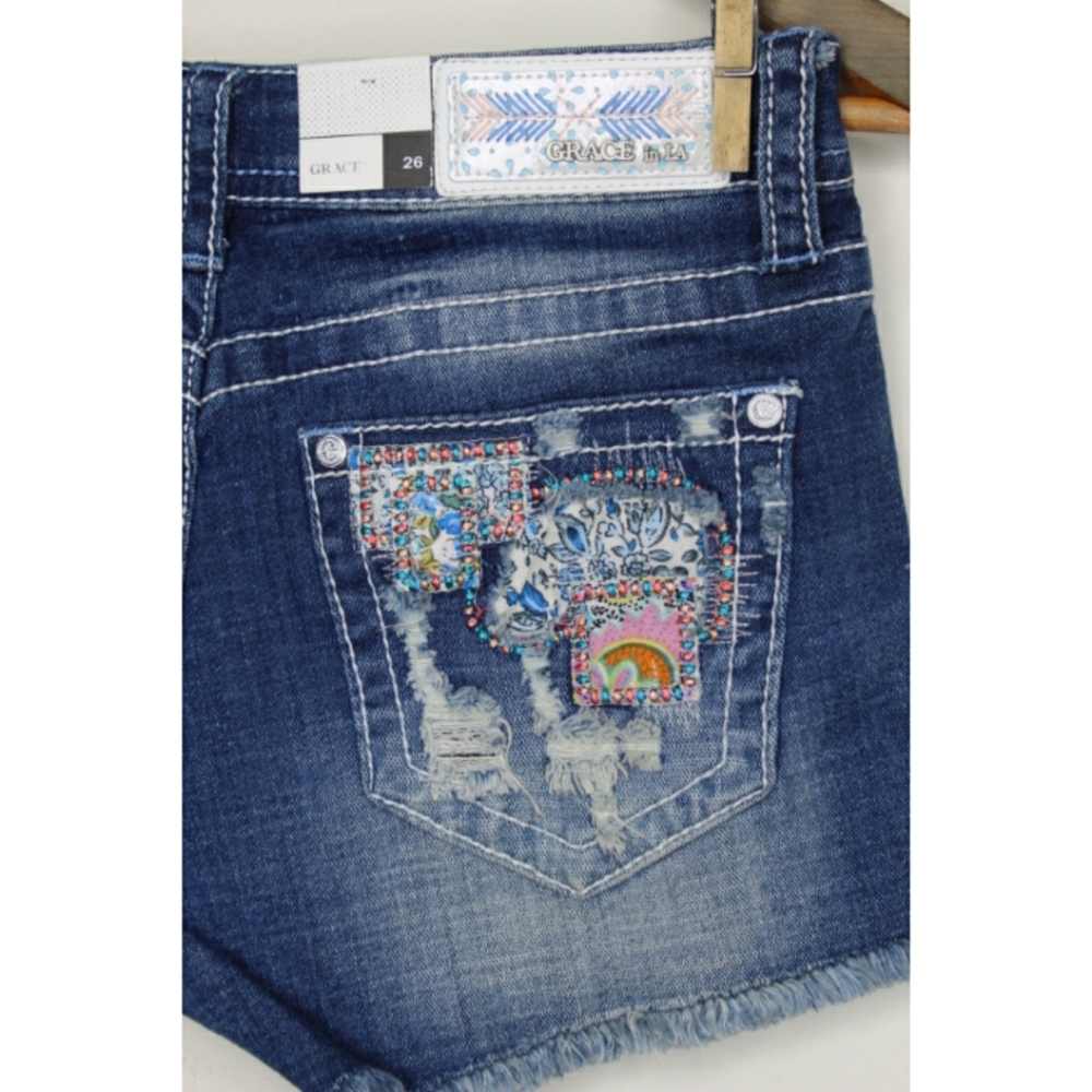 Grace in LA Patchwork Frayed CutOff Shorts 25 26 - Picture 7 of 8